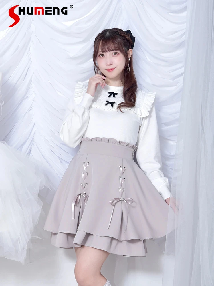 Japanese Style Cute Mine Double-Layer Skirt Woman 2023 Fall New Lolita Sweet A- Line Bandage Ruffles Short Skirts for Women