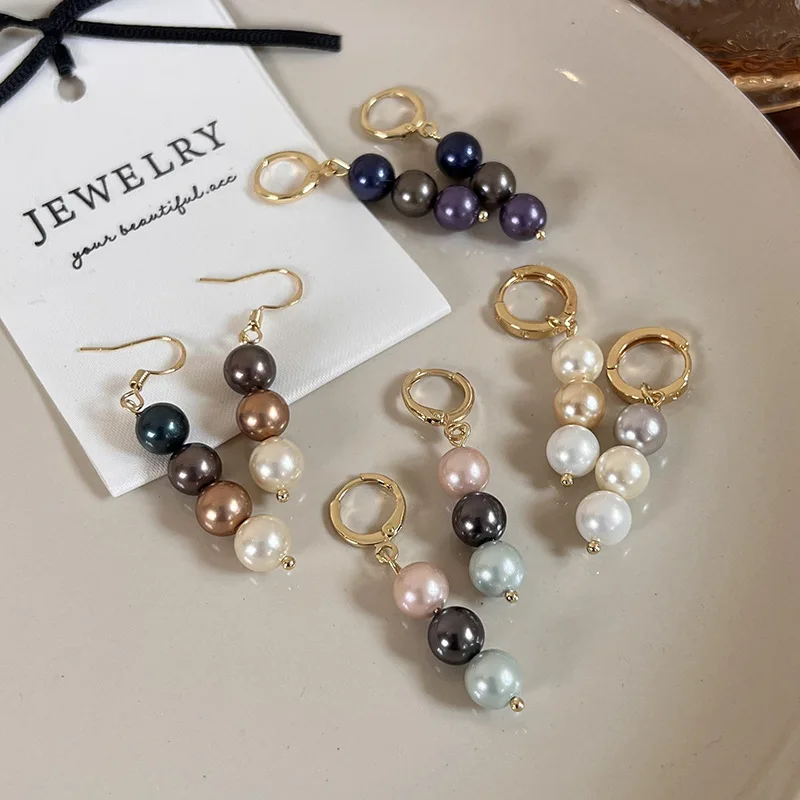 Vintage Gradient Colored Shell Pearl Earrings for Women French Elegant Pearl Ear Cuffs Cool Tone Daily Jewelry