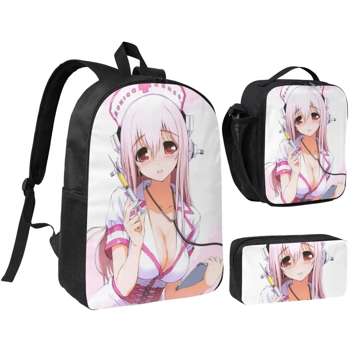 Cartoon Super Sonico Game Cute Girl Backpack Student BookBag School Bag Laptop Shoulder Bags 3ps Insulated Lunch Bag Pencil Case