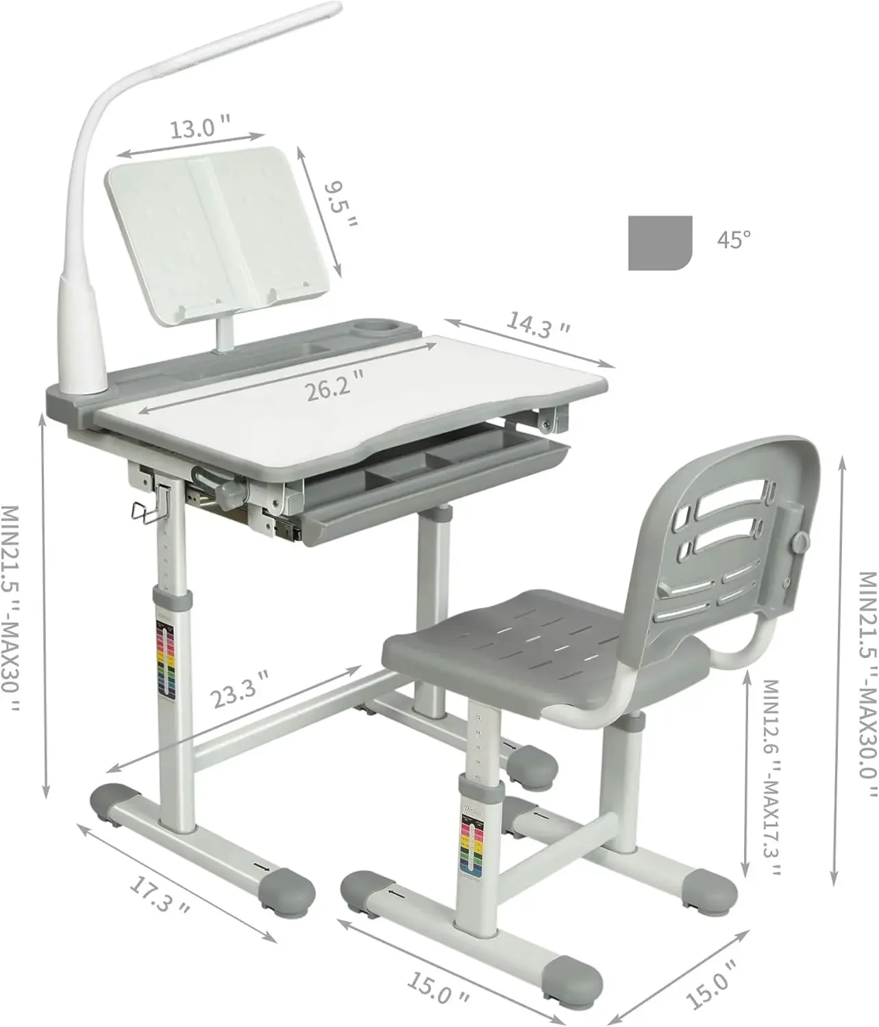 Kids Functional Desk and Chair Set, Height Adjustable Children School Study Desk with Tilt Desktop, Bookstand, LED Light,