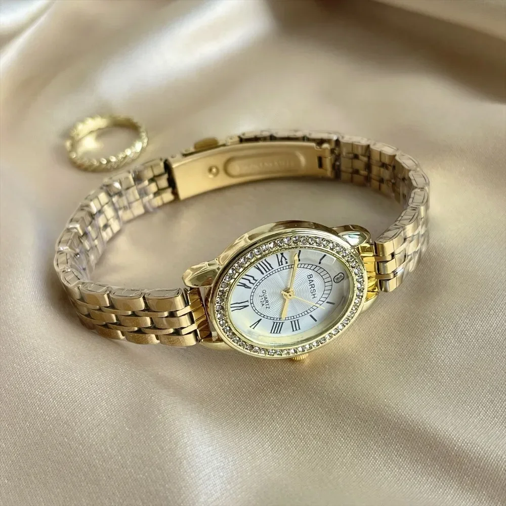 أزياء المرأة العلامة التجارية الماس رصع الرومانية الحرفية كوارتز ساعة فاخرة الفولاذ المقاوم للصدأ حزام ساعة اليد السيدات ساعة حائط هدية Montre