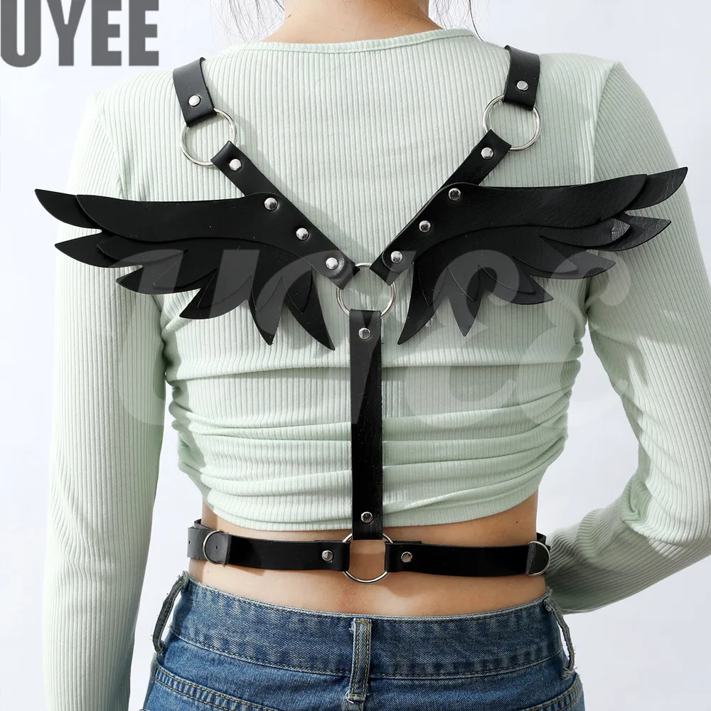 

UYEE Sexy Underwear Black Wings PU Leather Harness Women Gothic Garter Belts Bra Cage Punk Body Bondage Straps Waist Sword Belt