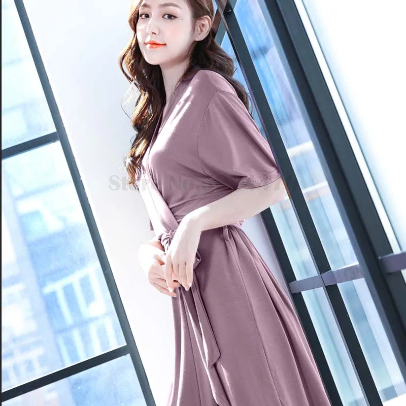 2023 New Summer Women Modal Purple Robe Short Sleeve V-Neck Cardigan Nightgown One-Piece Bathrobe Fashion Home Wear Kimono