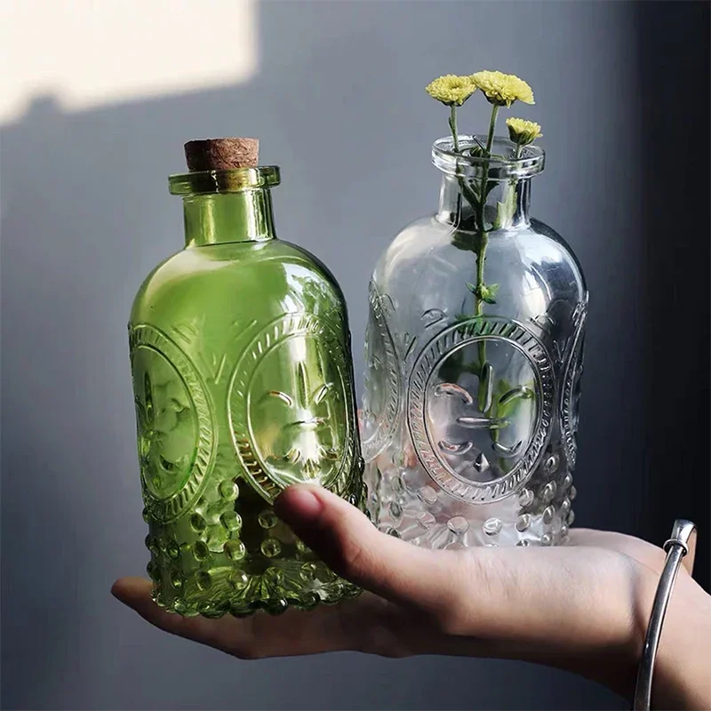 Mini Vases Hydroponic Flower Retro Three-Dimensional Relief Glass Bottle Aromatherapy Essential Oil Bottle Creative Decoration