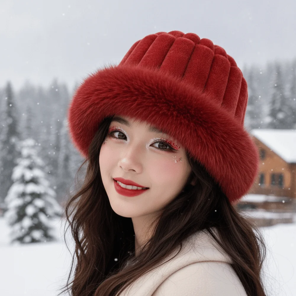 Vertical Texture Striped Fur Hat Fleece Lining Faux Fur Brim Puffy Bucket Cap Thermal Insulation Soft Plush Trapper Hats Women