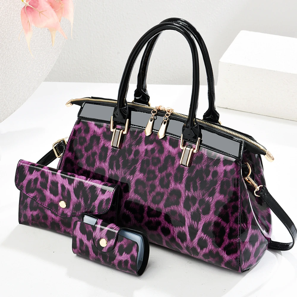 Retro Leopard Print Design Womens Handbag With 2 Pieces Small Purse Bright Glossy Top Handle Bag Crossbody Single Shoulder Bags