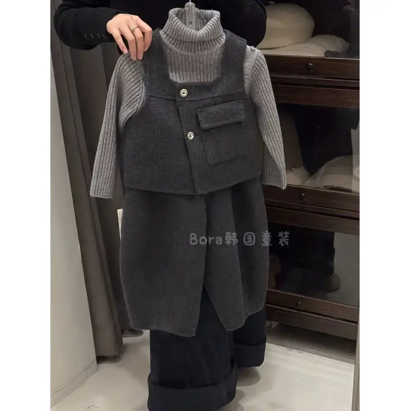 

Baby Girls Children Suits Autumn Winter Kids Fashion casual Korea Woolen Gray Vest Waistcoat +Sweater+Loose Pants 3Pcs Sets