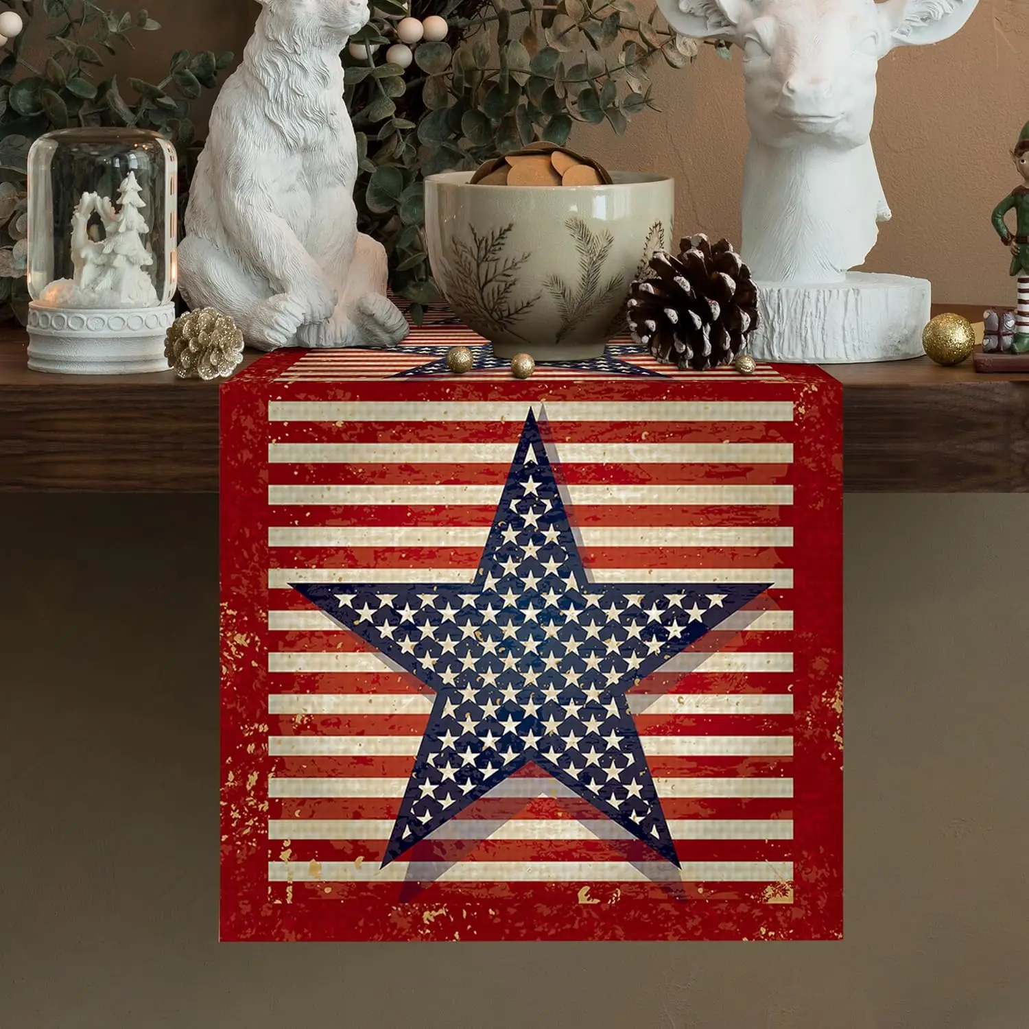 4th of July Star Table Runner - Patriotic USA Seasonal Table Cover for Kitchen Dining Indoor Outdoor Party Dinner