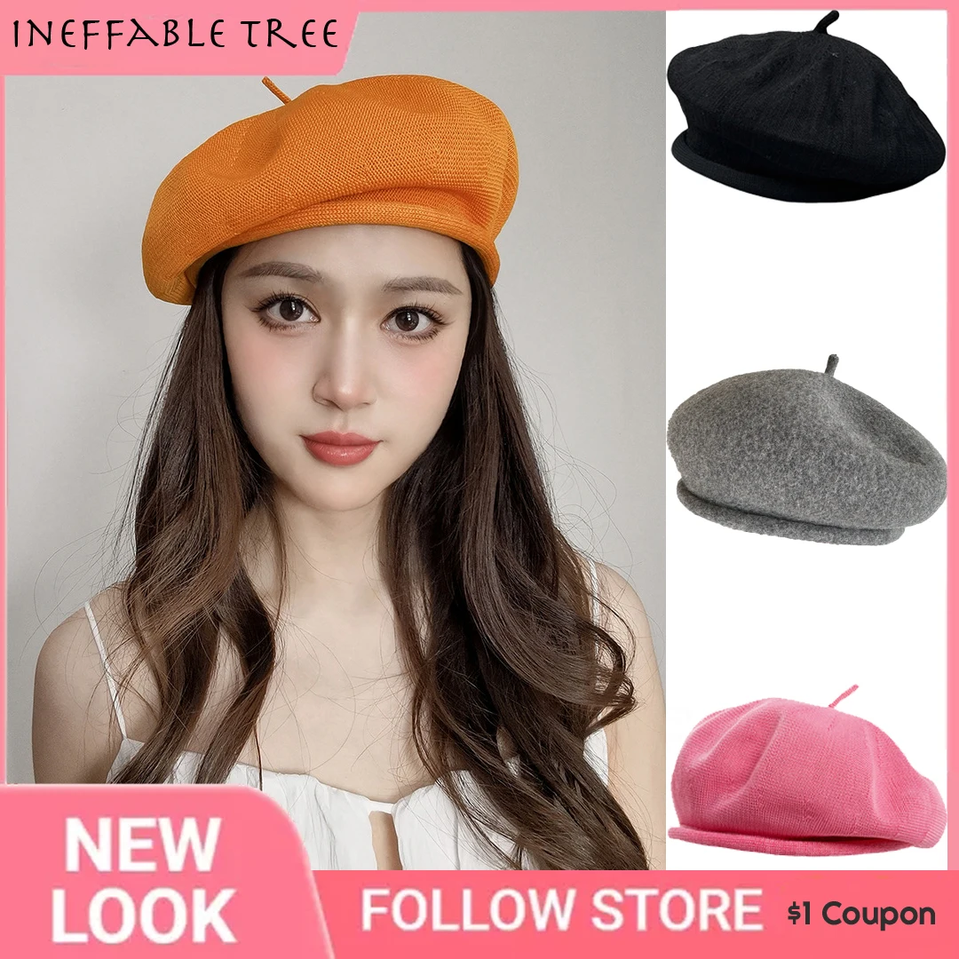 

Korean Casual Candy Color Wool Knitted Beret Hats for Women Winter Spring Turn-down Breathable Youth Travel Painter Cap Boina