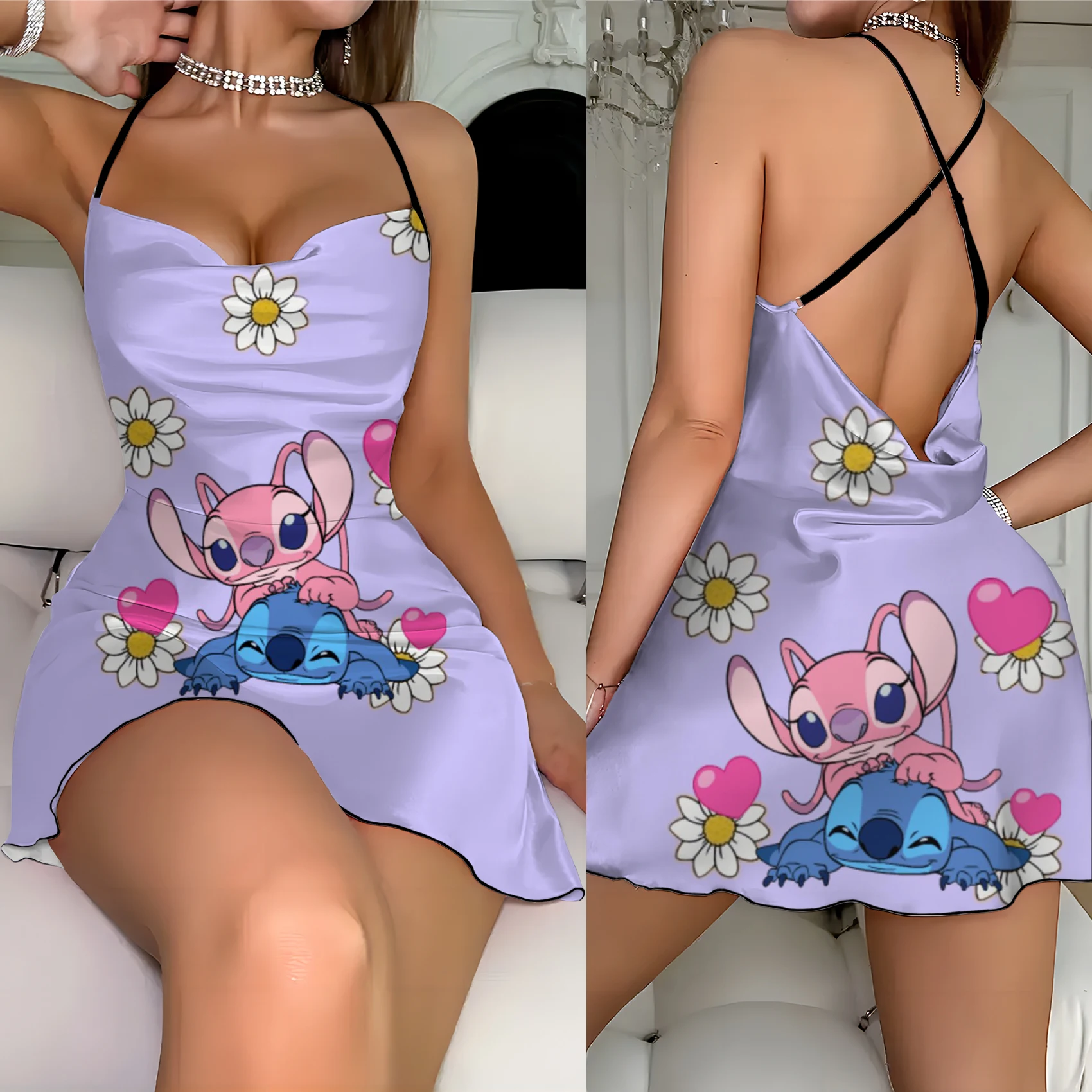 Abito senza schienale gonna pigiama abiti eleganti per le donne Stitch girocollo Disney lattuga Trim Fashion Summer 2024 Neck Slip Dress