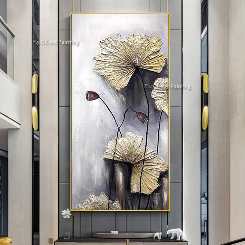 Original Handmade Gray And Green Lotus Leaves Thick Oil Painting Abstract Pink Lotus Flowers Canvas Wall Art For Hall Decor