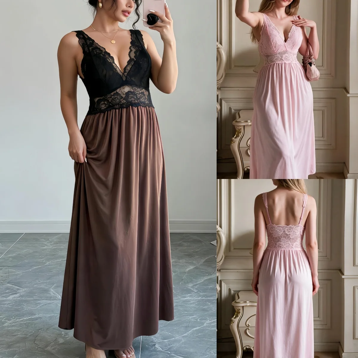 Sexy Camisole Women's Lingerie Nightgown Long Lace Patchwork Backless Dress Fashion Leisure Breathable French Long Skirt