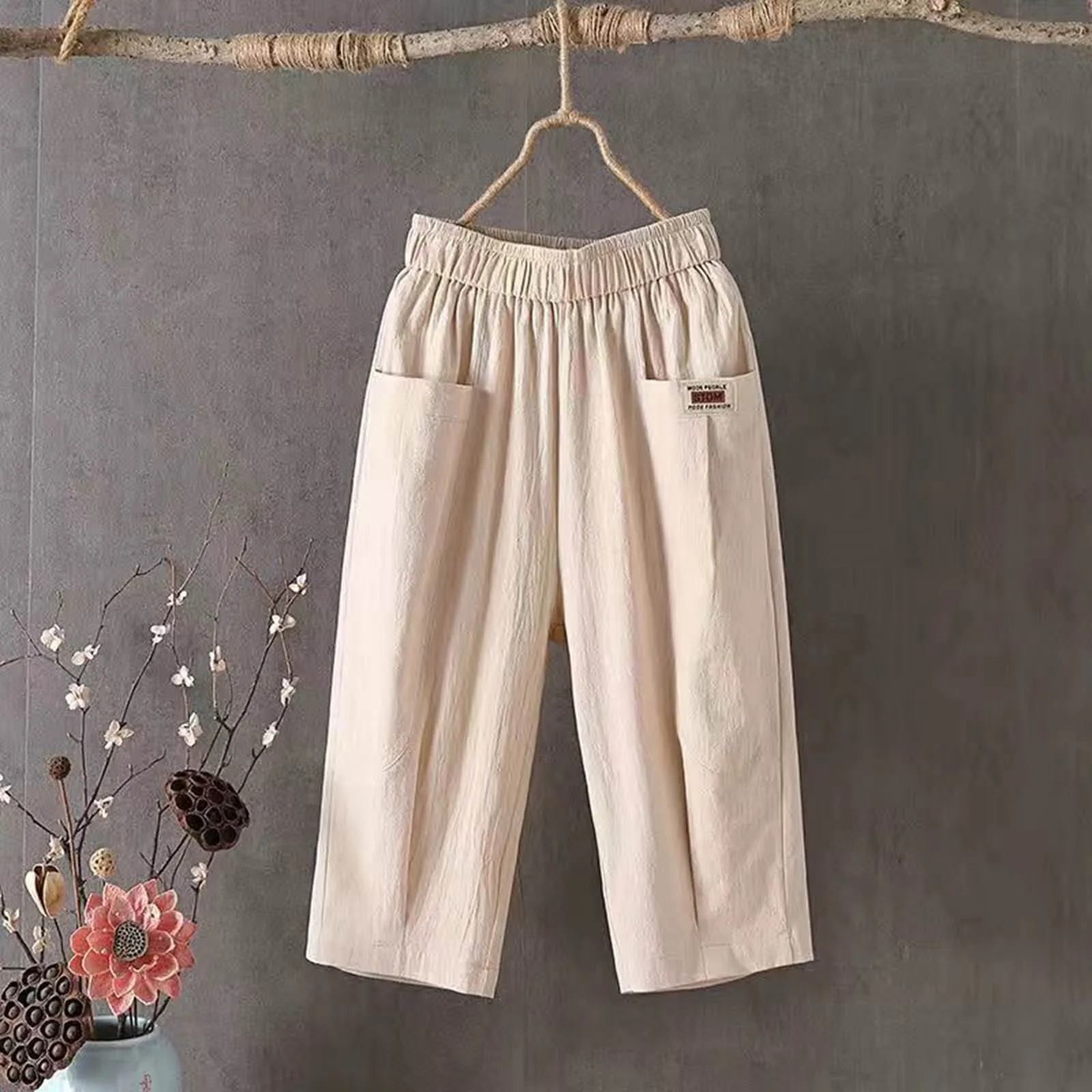 Summer Casual Cotton Cropped Harem Pants Women Loose High Waist Elastic Ankle-length Pants Solid Lady Pocket Wide Leg Trousers