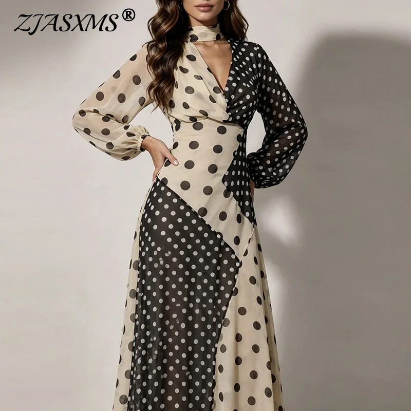 Ladies A-Line Elegant Evening Party Long Dress Retro Polka Dot Contrast Patchwork Maxi Dress Deep V Neck Long Sleeve Slim Dresse