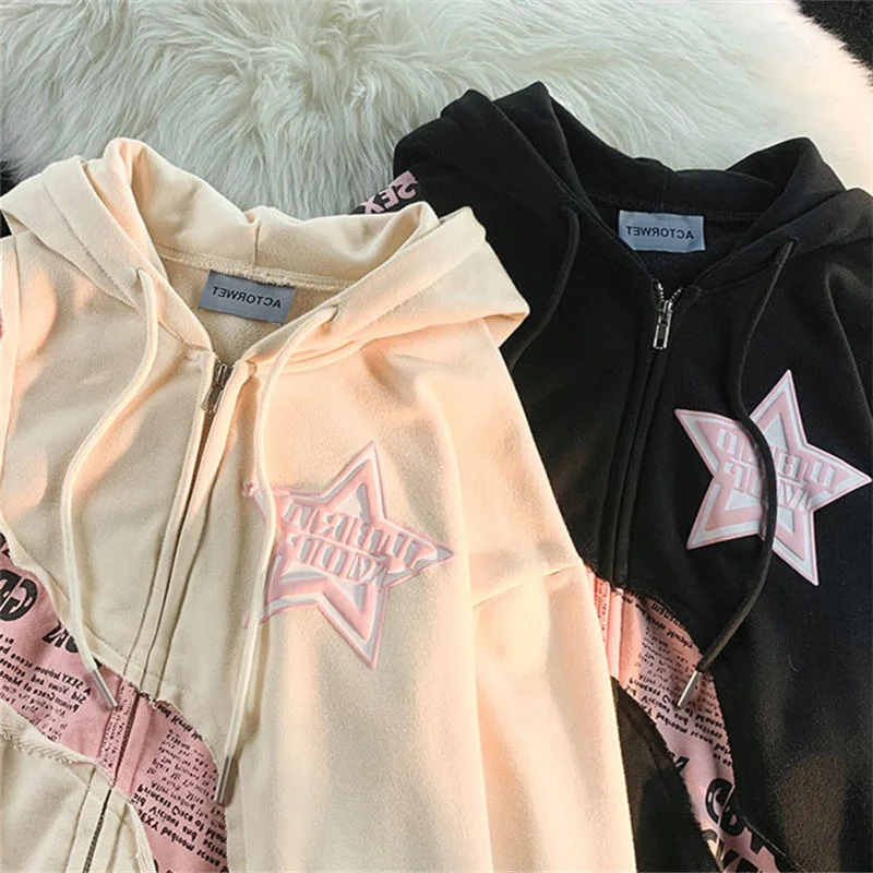 

plus Size Women's Hoodie Spring Loose Cardigan Outerwear American High Street Star Print Patchwork Casual Hip Hop Style