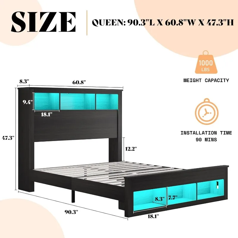 Queen Size Bed Frame with Bookcase Storage Headboard and Footboard, LED Platform Bed with Charging Station