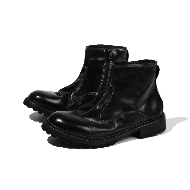 British Style Genuine Leather Chelsea Boots Men's Retro Side Zipper Ankle Casual Outdoor Riding Work Shoes Male High Top