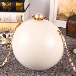 White Acrylic Pearl Wristlets Clutch Bags For Women Round Diamond Evening Party Handbag Metal Chain Shoulder Round Ball Bag Box