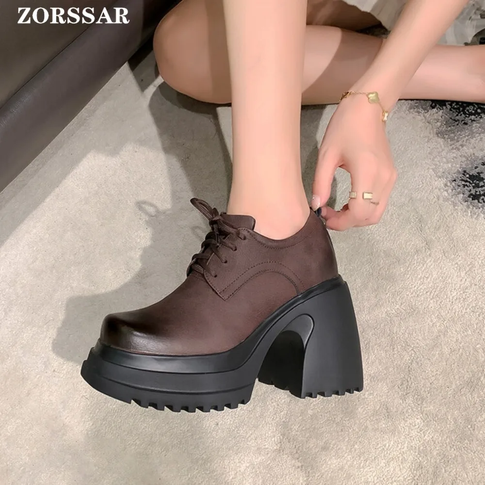 Genuine Leather Platform Loafers Women 2024 Preppy Style Lace Up Oxford Shoes Woman Black Thick Bottom High Heel Y2K Shoe Female