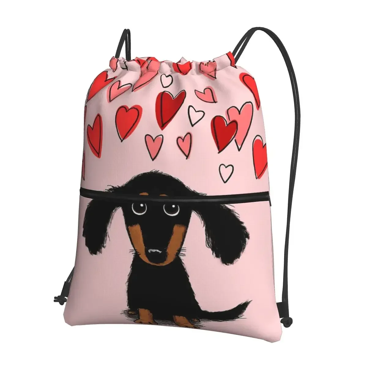 Cute Dachshund Puppy Dog With Valentine Hearts Portable Backpacks Drawstring Bag Fashion Book Bags For Travel Sport Man Woman