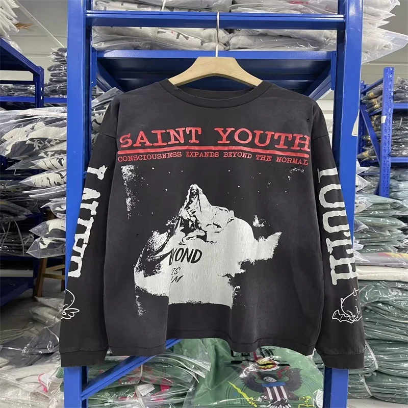 

Saint Michael American Retro Printed Cracked Letter Washed Long Sleeved T-shirt