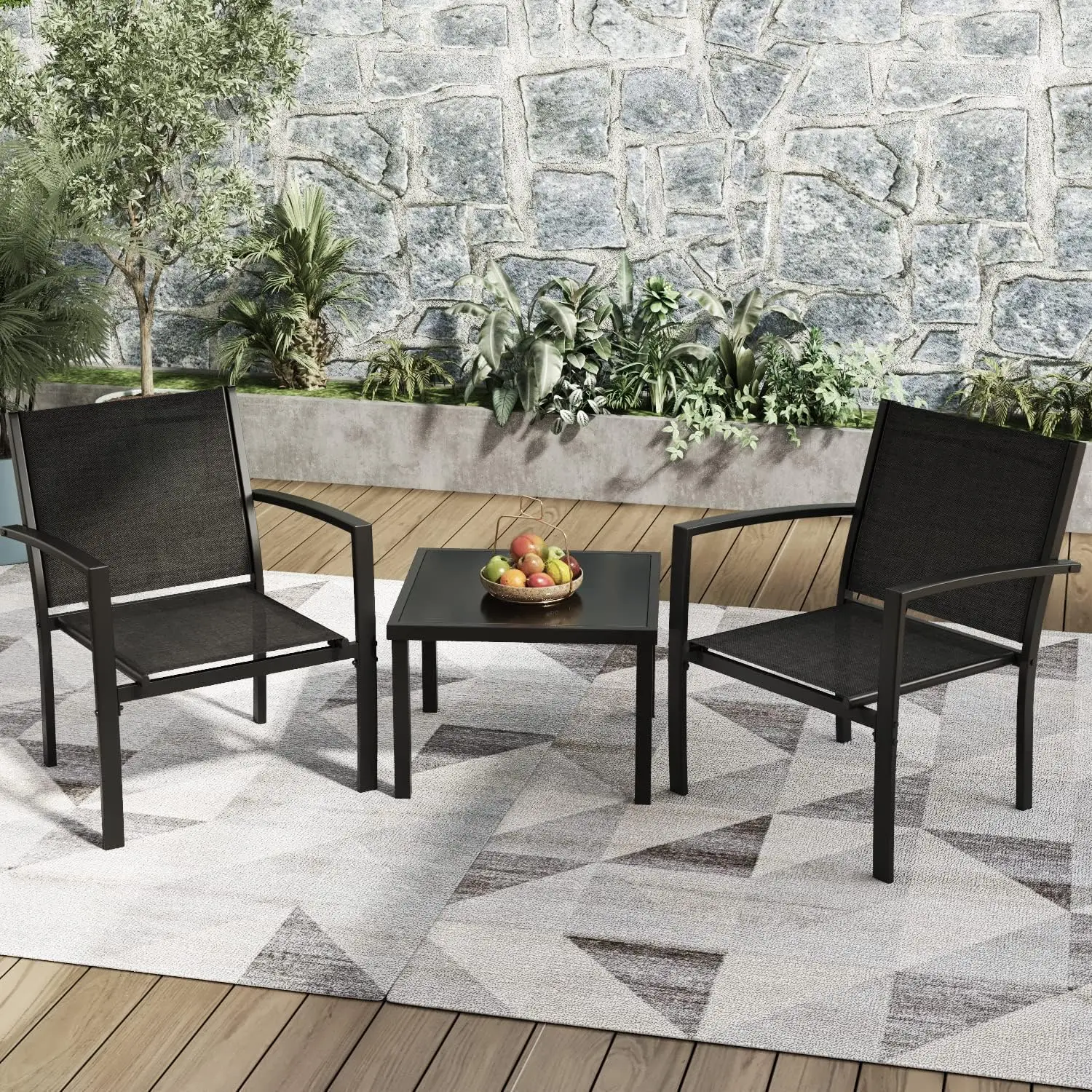 Black 3-piece outdoor patio conversation set made of breathable textilene fabric chairs, paired with a clear glass coffee table for lawn, garden, balcony and poolside relaxation