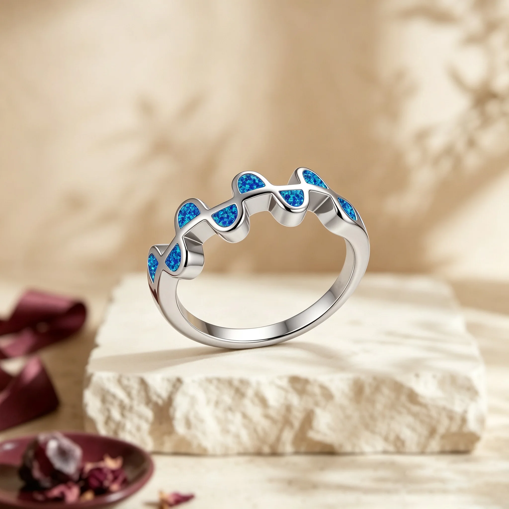 Minimalist Blue Thin Band Half-Round Opal Ring Continuous Stylish Design Stackable Women Jewelry for Daily Casual Dating Gift