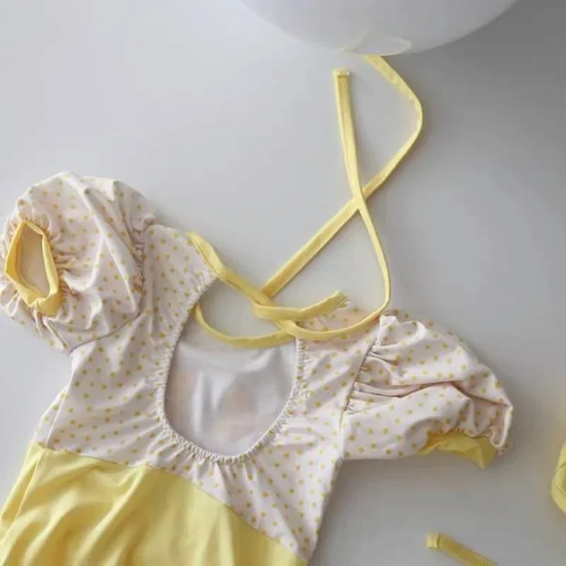 New 2023 Infantil Baby Swimsuit 1-2years Girls Swimsuit One Piece Yellow Bow Tie Swimwear For 0-2years Baby Bathing Suit