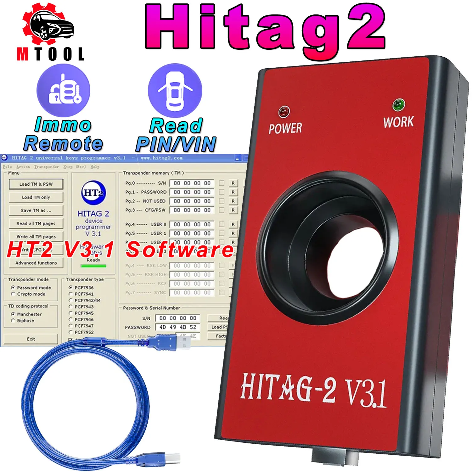 Hitag2 V3.1 Auto Key Programmer OBD2 Car Diagnostic Tool HITAG 2 Universal Transponder Immo Remote Read PIN VIN