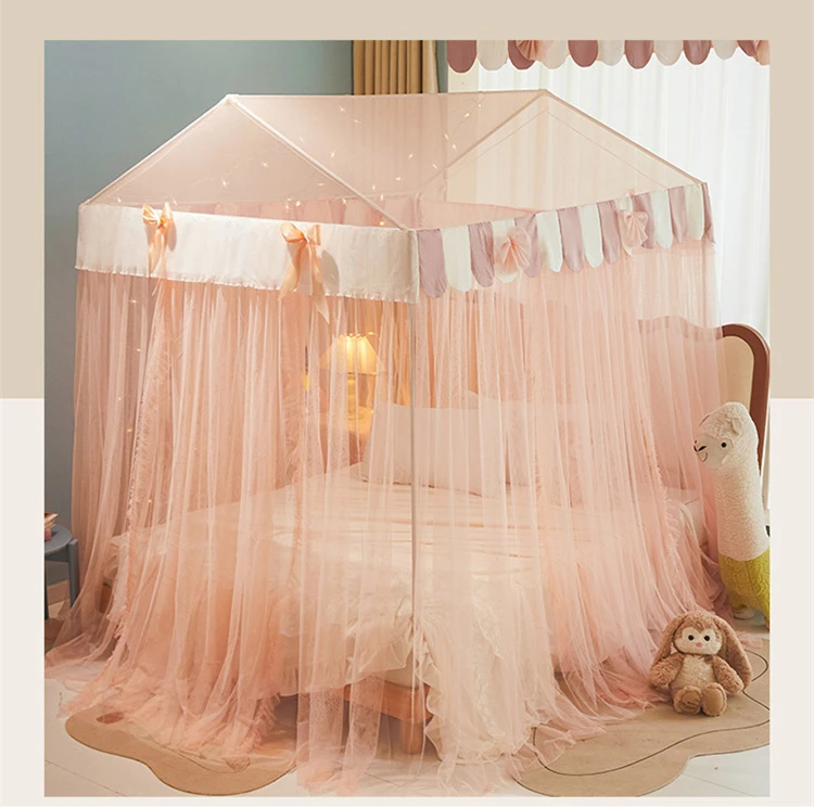 2026 New Princess Style Small House Mosquito Net with Bracket for Girls 4 Doors Lace Canopy Bedroom Decoration