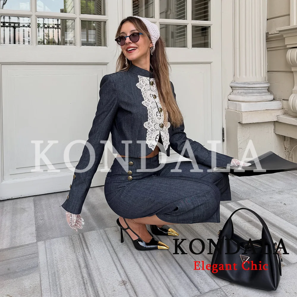 KONDALA Damen Schickes Vintage-Shorts-Set, Spitzenbesetzter Kurzblazer, Shorts mit Knopfbesatz, 2026 Frühherbst Trendiger Eleganter Pendleranzug – Detail 6