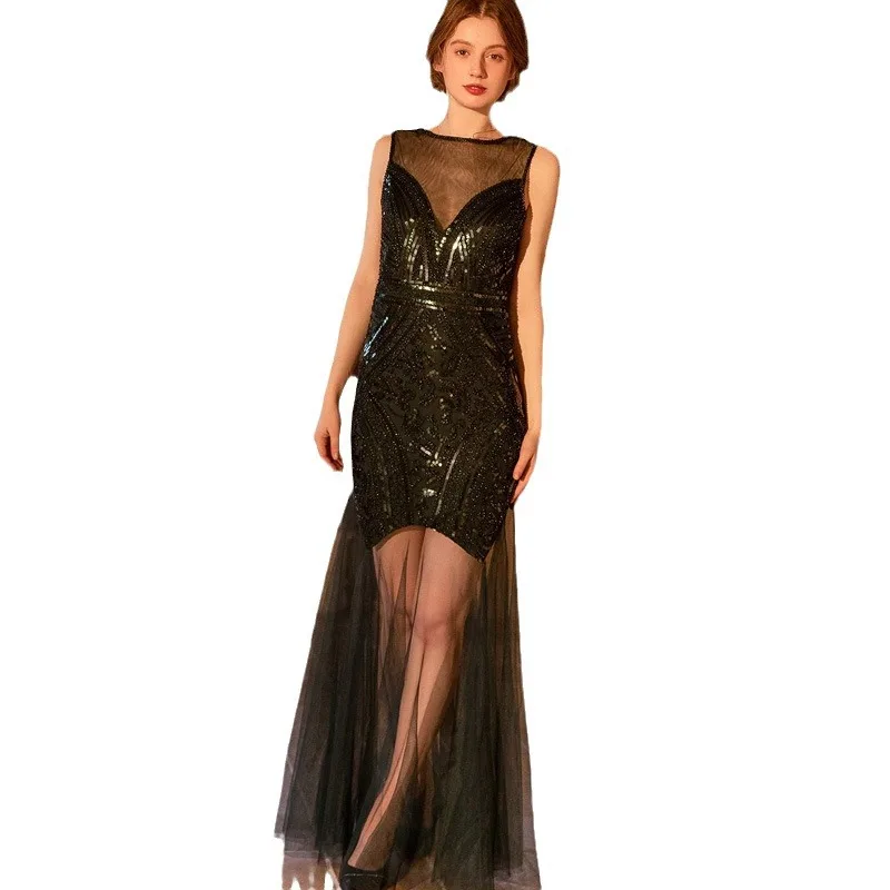 Abito da sera con paillettes a rete con perline retrò Abito da ballo formale senza maniche per ballo di fine anno Abito lungo sexy senza schienale Festa scintillante