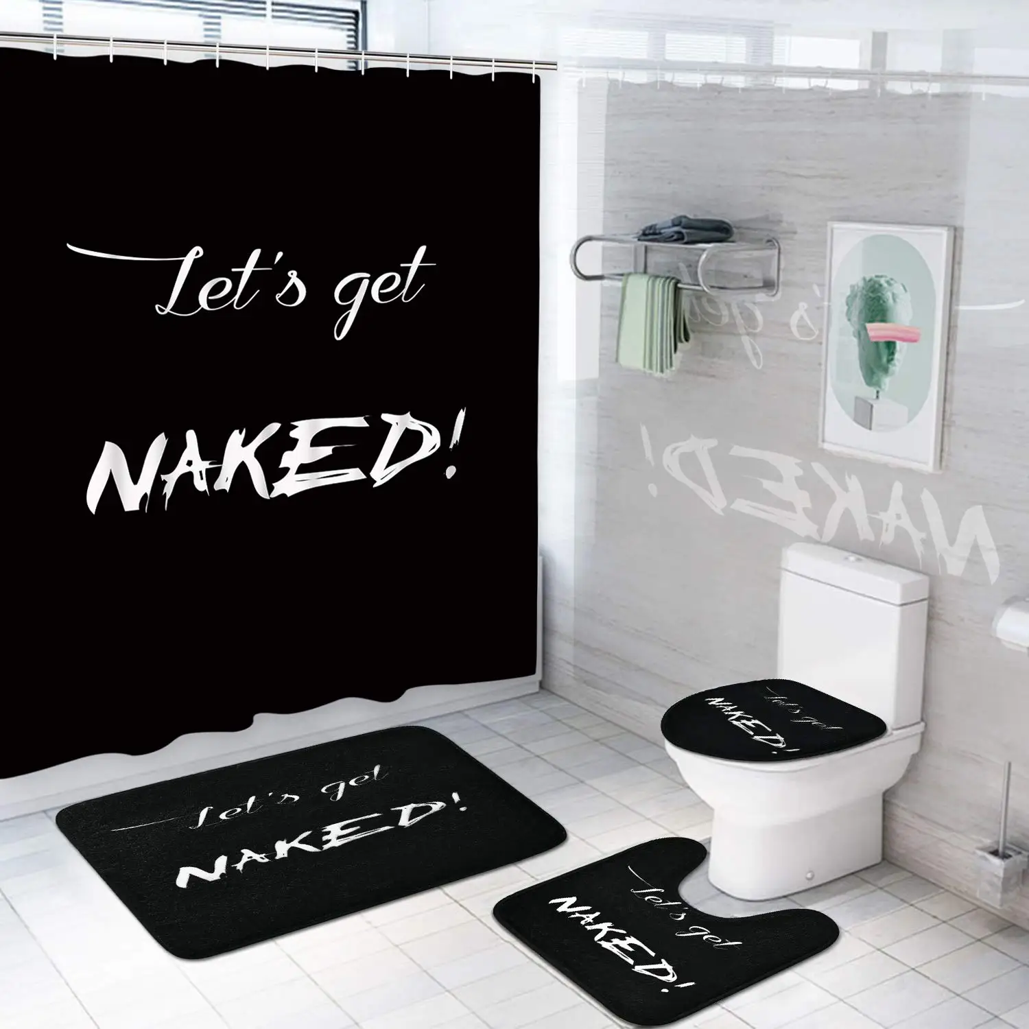 Get Naked Shower Curtain Sets with Non-Slip Rug Toilet Lid Cover Bath Mat Sexy Lips Bathroom Curtains Set Red Kiss Waterproof