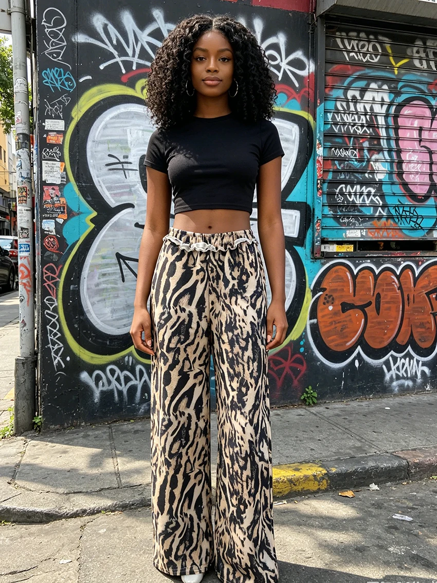 

Retro Leopard Print Loose Straight Pants For Women Frill Edge Elastic Waist Soft Fabric Pockets Street Daily Wear Wide Leg Pants