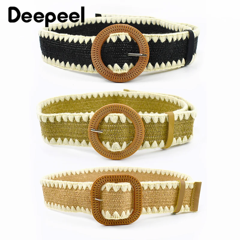 

Deepeel 5cm Woman Straw Belt Woven Lace Wide Waistband Wooden Buckle Boho Braided Girdle Skirt Dress Coat Decorative Cummerbund