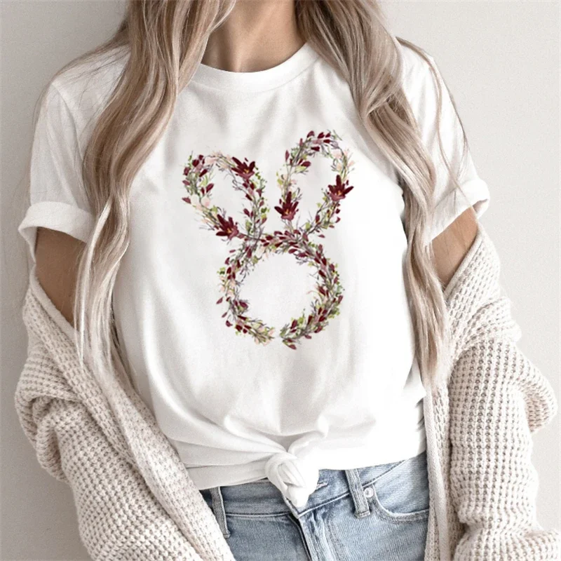 Summer Fashion Women T-Shirt Funny Rabbit Bunny Flowers Animal Print Top Femme Harajuku Shirt Kawaii Clothes Tees Female