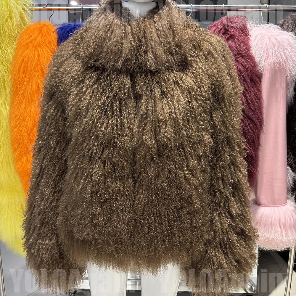 YOLOAgain High Collar Real Mongolia Sheep Fur Jacket For Women 2025 Winter Coats Outerwear