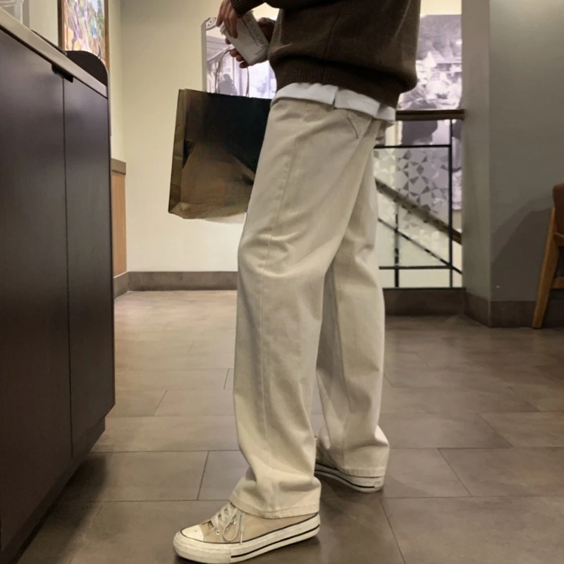 

Spring Autumn Korean Style Men's Straight Beige Solid Color Loose Casual Trendy Simple Daily Cargo Trousers Male Pants Clothes