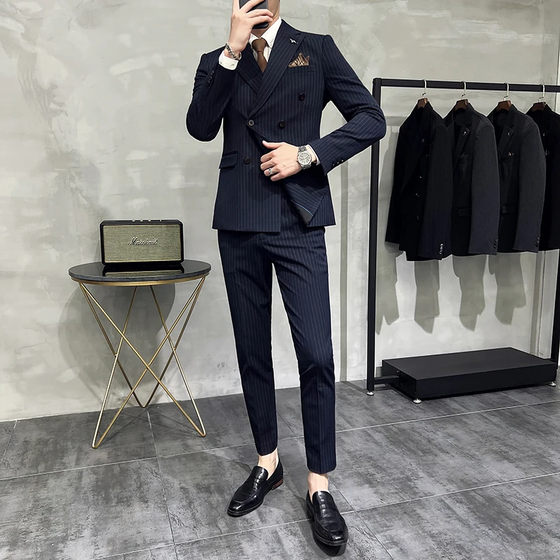 Terno de casamento masculino para noivo, terno casual listrado, trespassado duplo, marca de luxo masculina para negócios e escritório, colete blazer