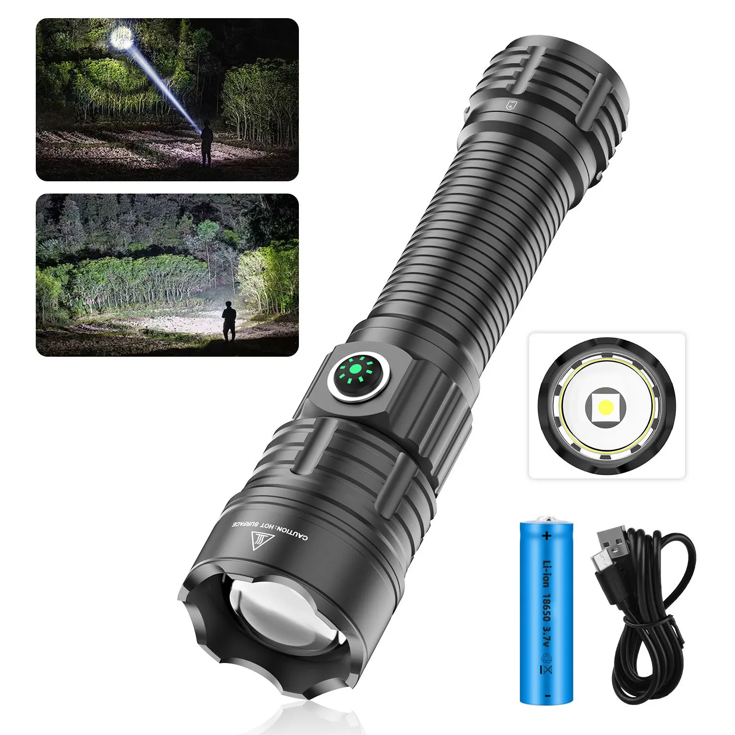 30W White Laser LED 3-Mode 1500 Lumens Zoomable Adjustable Type C USB Rechargeable IPX6 Flashlight Torch Light Lamp