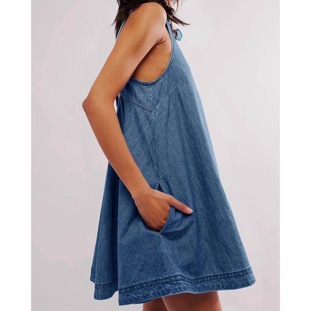 Elegant Women Cut Out Back O-Neck Midi Casual Denim Dress Summer Sleeveless A-Line Dresses Evening Outfits