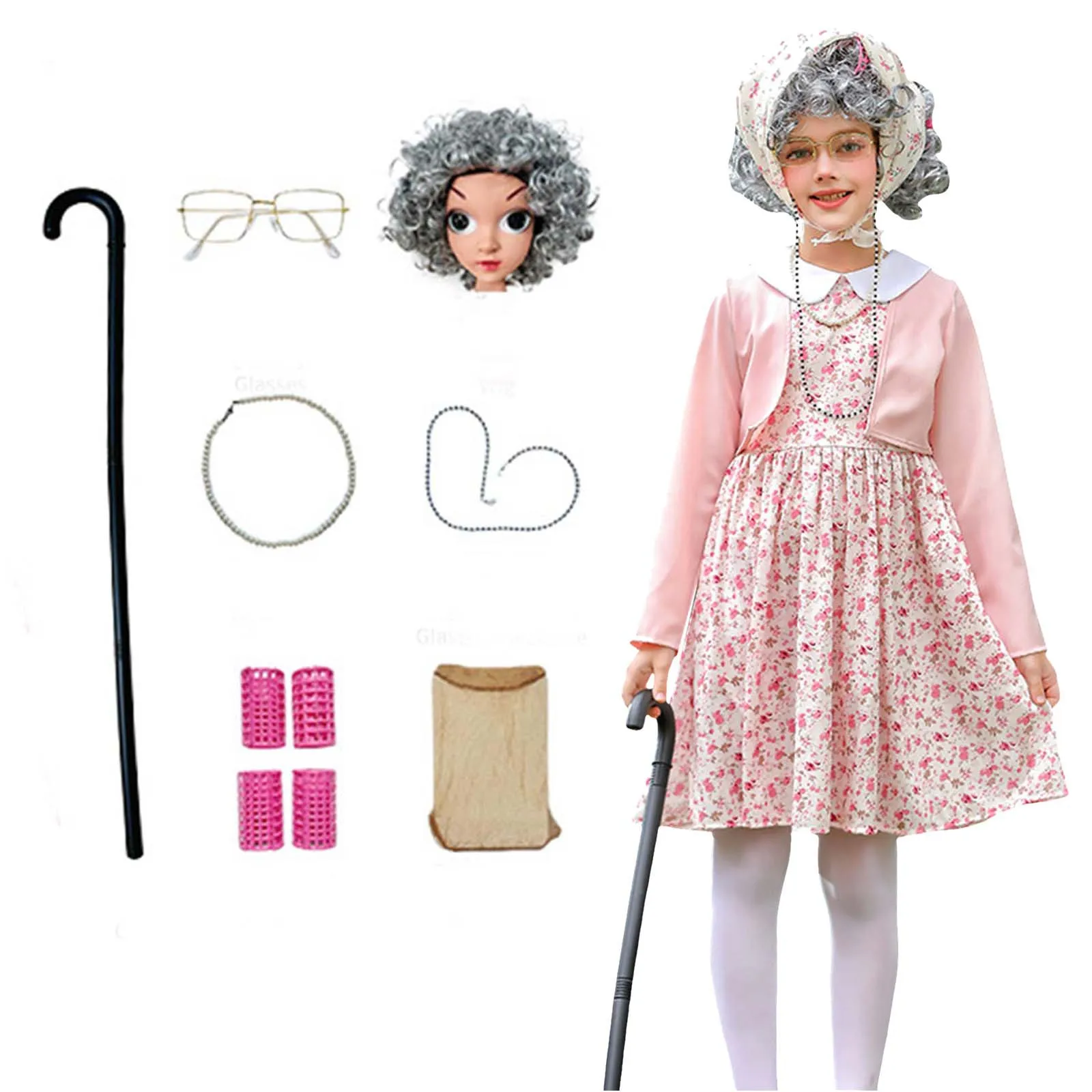 

100 Days of School Granny Costume for Kids Old Lady Costume Set with Wig Cane Glasses Accessories Granny Role Play Outfit