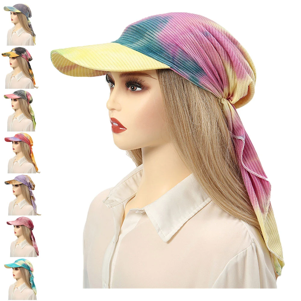 Women Printed Curved Hat Wide Brim Windproof Sun Visor Muslim Hijab Turban Elastic Headscarf Pre-Tied Cap Female Outdoor Bandana