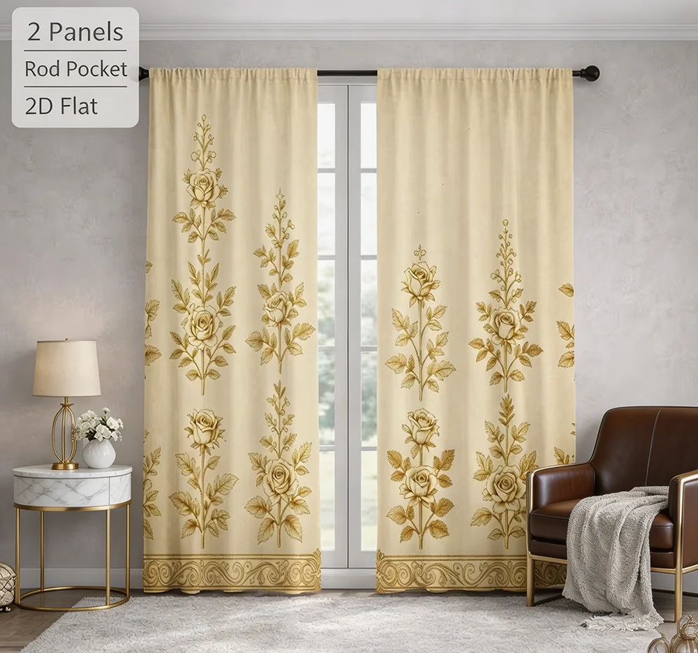 Home Decor Window Blinds - 2PCS Digital Printed Curtains, Beige Rose