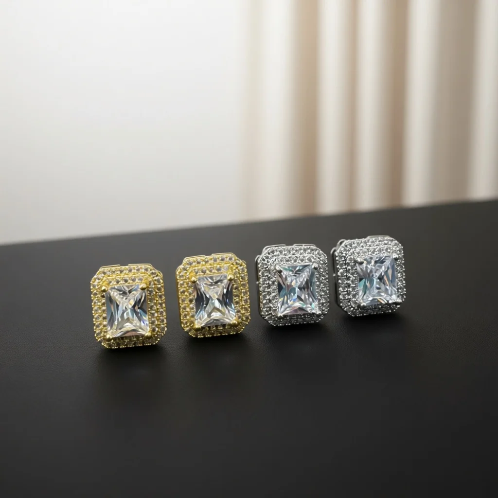 Square Princess‑Cut Zircon Halo Stud Earrings Double Pave Frame Snap‑on Ear Clips Dainty Geometri Fashion Jewelry For Daily Wear