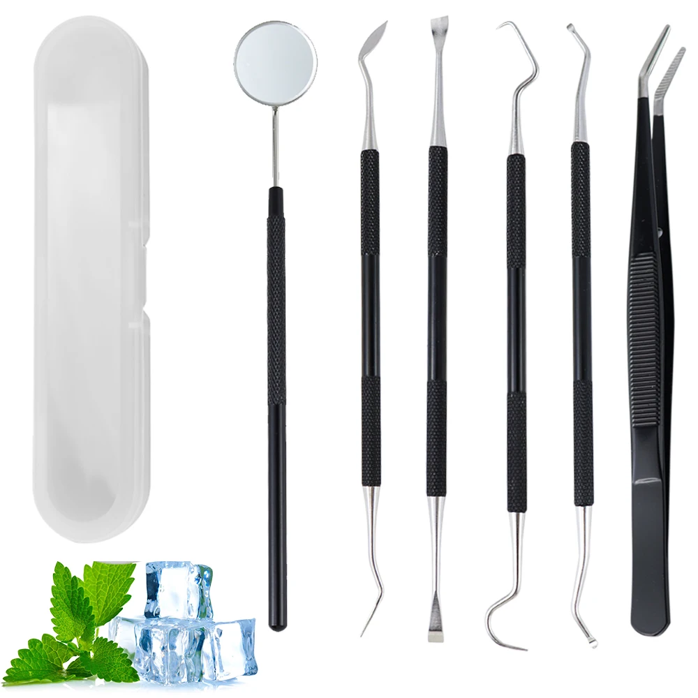 Rimozione macchie dei denti, tartaro, tartaro, specchio dentale, strumenti dentali, pulizia dei denti, igiene orale, set di strumenti dentali