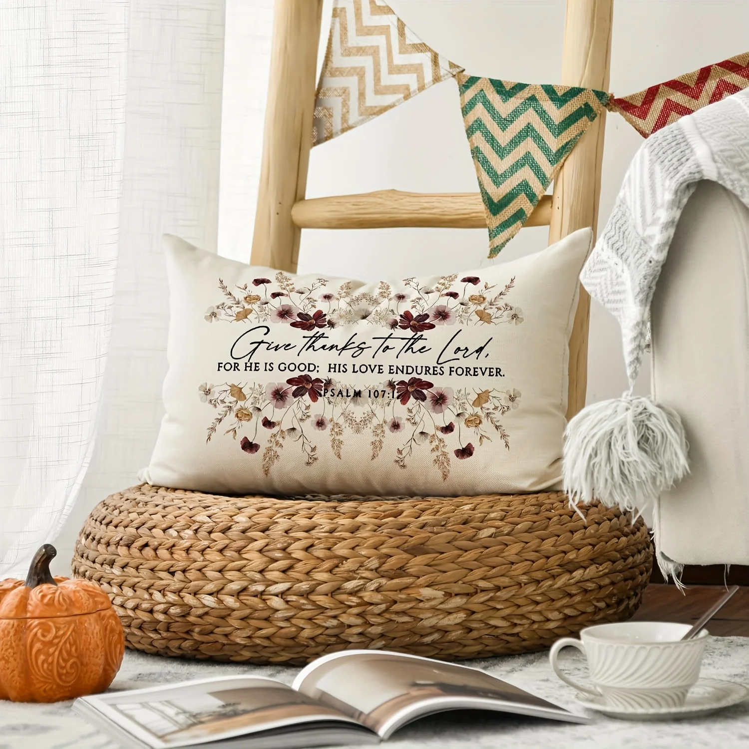 1pc Psalm Thanksgiving Scripture Dried Flower Themed Printed Lumbar Pillow Cover, Suitable for Sofa, Bedroom, Living Room, Study