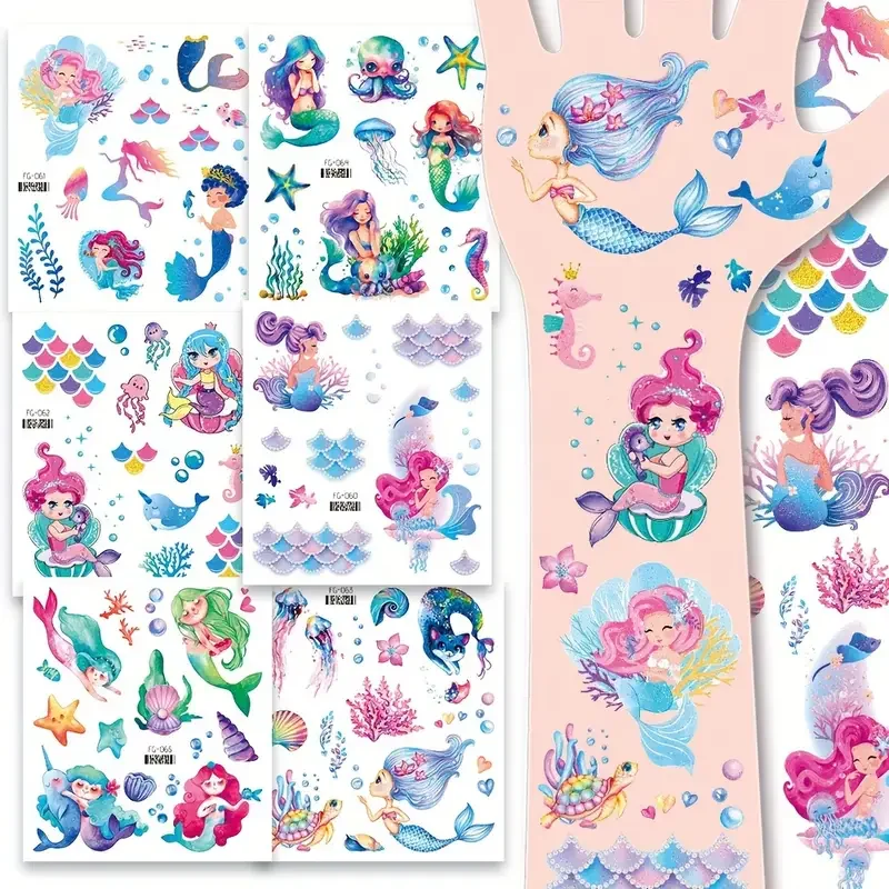 

12 Sheets Glitter Unicorn & Mermaid Temporary Tattoo Stickers for Kids Cartoon Tattoos Cute Waterproof Body Art Fake Tattoos