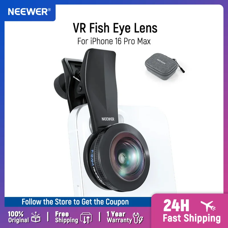 

NEEWER 170° 14mm VR Fish Eye Lens with 17mm Threaded Lens Clip for iPhone 16 Pro Max Android S25 Ultra