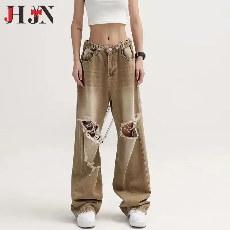 

Blue Low Waist Women's Jeans Vintage American Fashion Wide Leg Jean Worn-out Y2K Female Denim Trouser Baggy AutumnDenim Pants